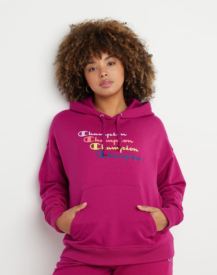 Champion Powerblend Fleece Relaxed Stacked Scripts Logo Kadın Kapşonlu Sweatshirt Pembe ( NGBXUV718